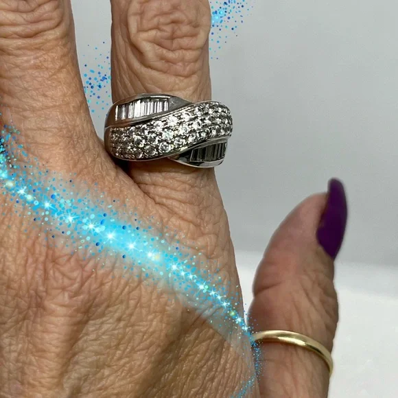 Pave Round & Baguette CZ Sterling Cross Over Ring - Picture 2 of 7